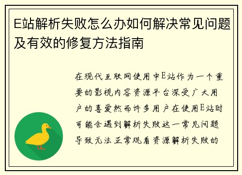 E站解析失败怎么办如何解决常见问题及有效的修复方法指南
